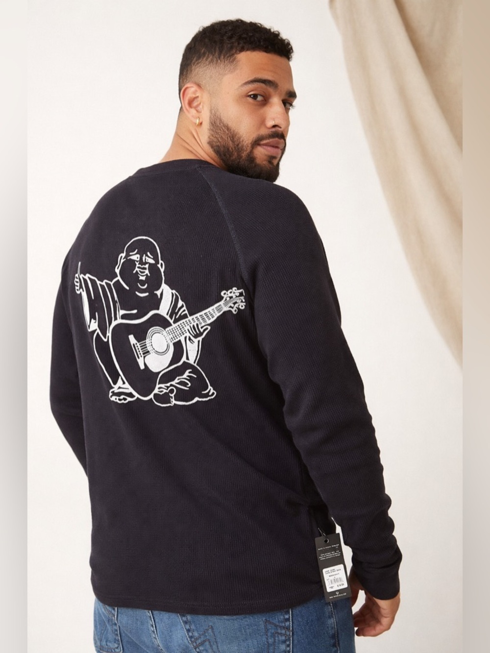 True Religion Black Thermal Henley Buddha Guitar Graphic Long Sleeve NWT